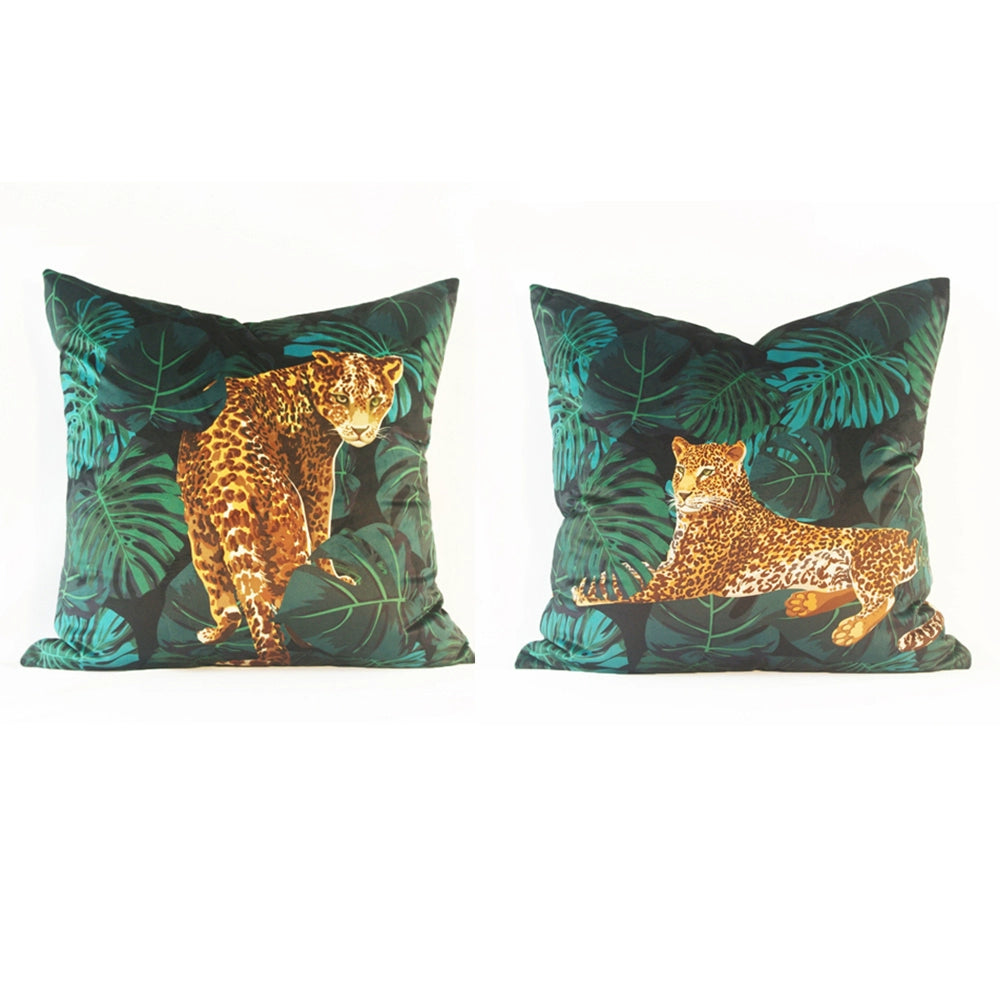 Retro Jungle Plant Golden Leopard Tiger Pattern Jungle Green Olive Green Pillow Cushion Leopard Pattern Tiger Head Bed & Breakfast Soft Outfit