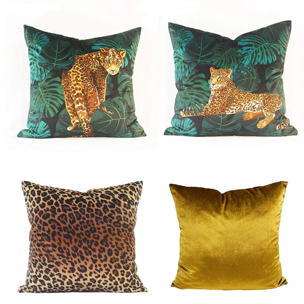 Retro Jungle Plant Golden Leopard Tiger Pattern Jungle Green Olive Green Pillow Cushion Leopard Pattern Tiger Head Bed & Breakfast Soft Outfit