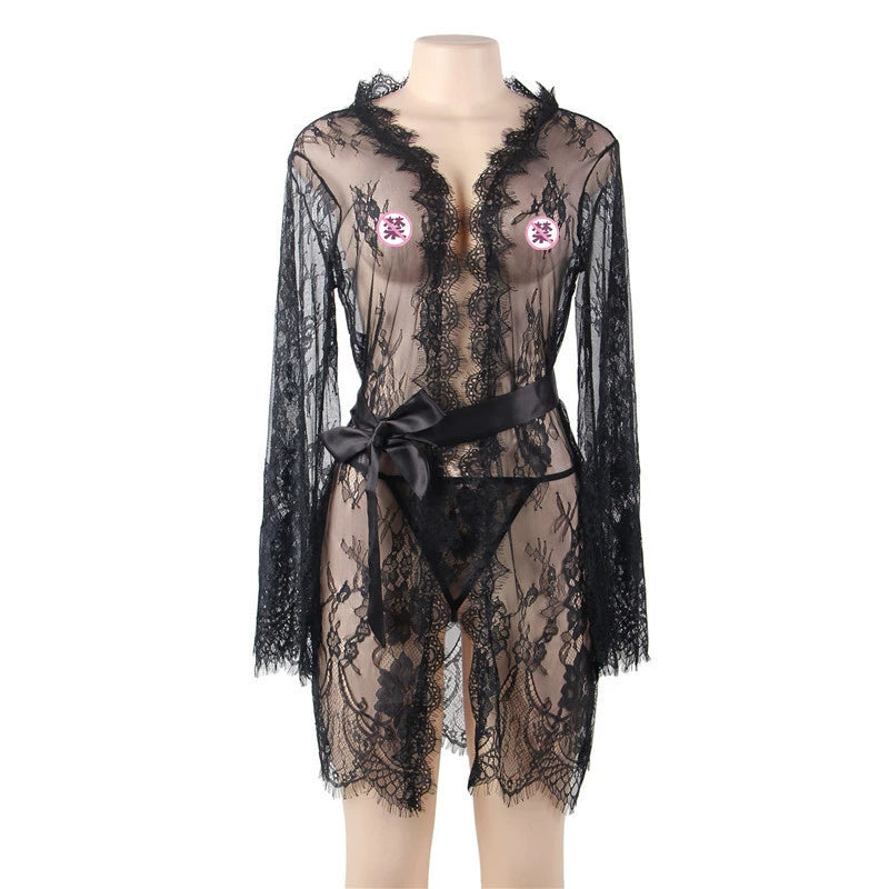 Luxe Lace Long Sleeve Sheer Robe for Alluring Nights