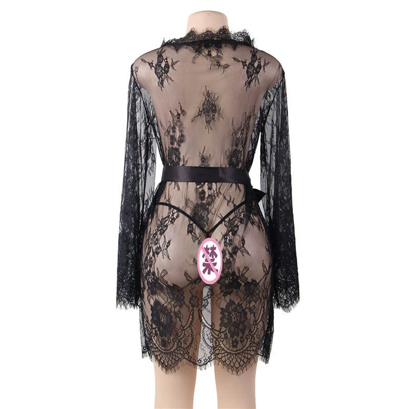 Luxe Lace Long Sleeve Sheer Robe for Alluring Nights