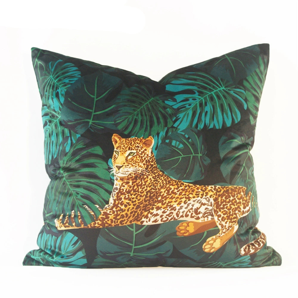 Retro Jungle Plant Golden Leopard Tiger Pattern Jungle Green Olive Green Pillow Cushion Leopard Pattern Tiger Head Bed & Breakfast Soft Outfit