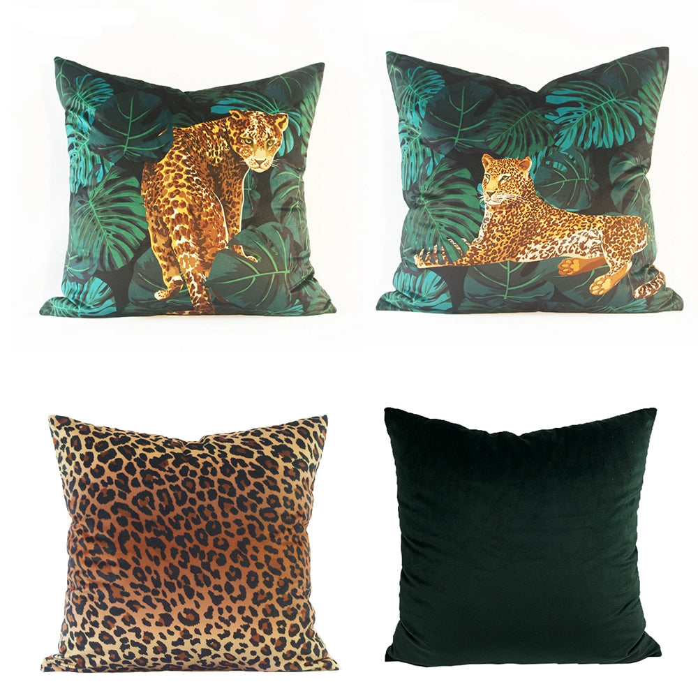 Retro Jungle Plant Golden Leopard Tiger Pattern Jungle Green Olive Green Pillow Cushion Leopard Pattern Tiger Head Bed & Breakfast Soft Outfit