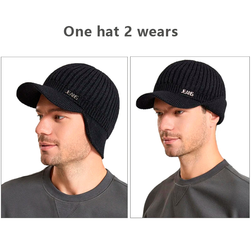 Men's Knitted Winter Baseball Cap with Earflaps - Warm Woollen Beanie for Outdoor Leisure Activities