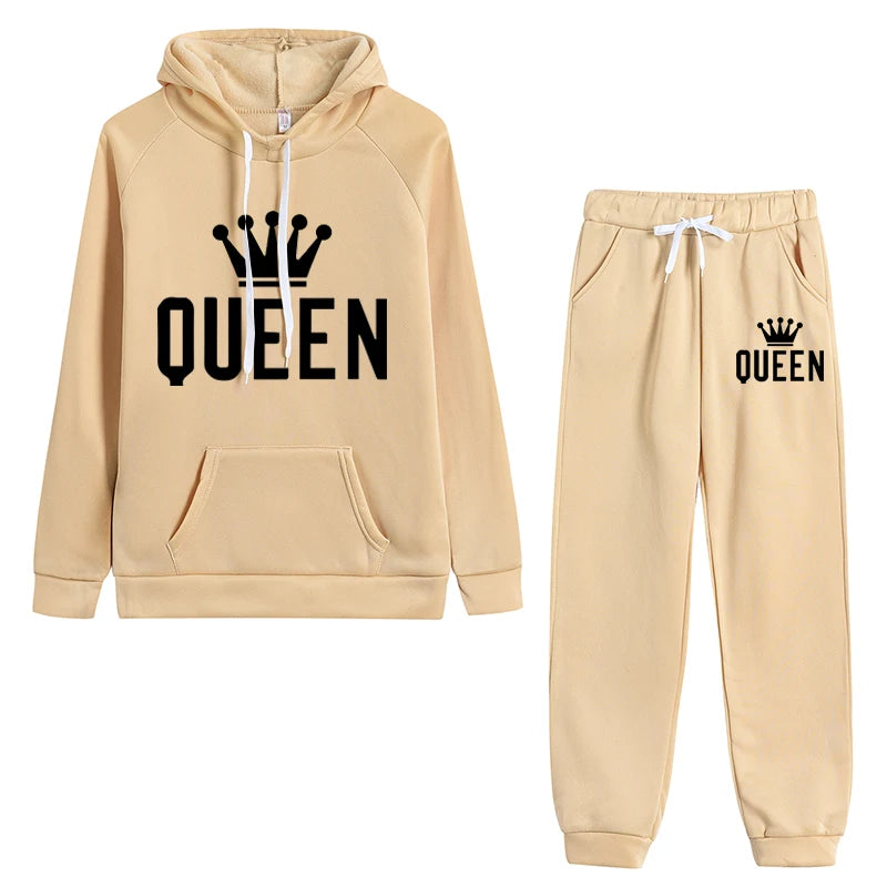 Queen Printing Womens Outfits Fashion Trend Hooded Sweatshirt Suit Casual Jogging Clothing Autumn Winter Hot Sales Pants Set