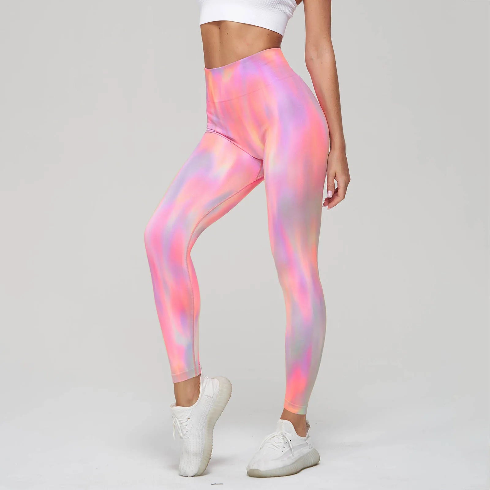 High Waist Rainbow Tie Dye Peach Yoga Leggings - Seamless Gradient Booty Lift Tights for Gym and Running