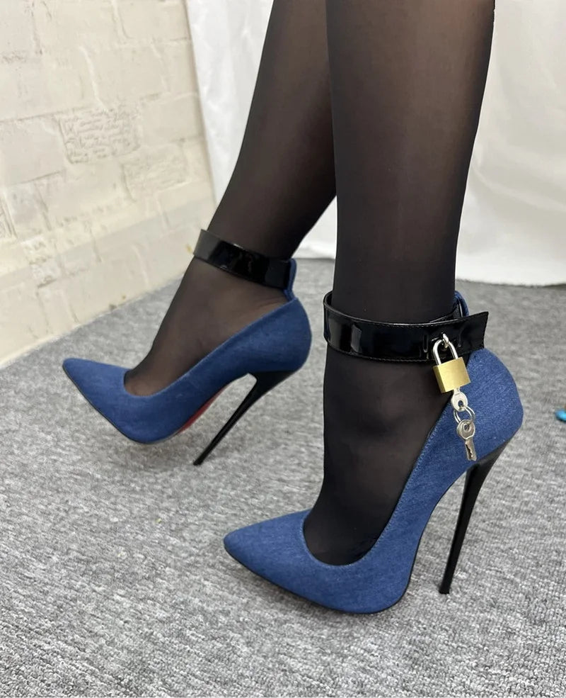 Chic 16cm Denim High Heels for Women - Customizable Fetish Pumps with Ankle Strap and Pointed Toe, Ideal for Cosplay Events