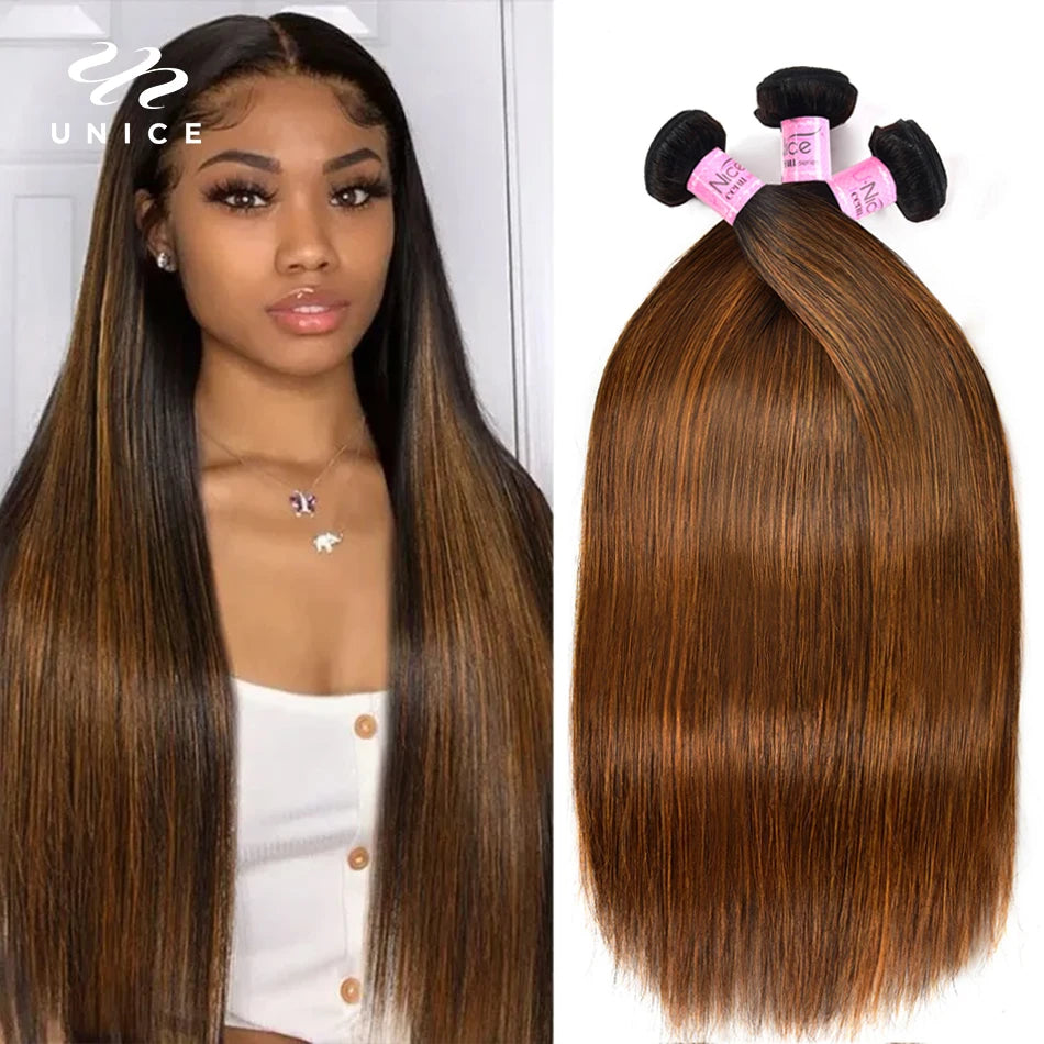 Unice Luxurious Brown Balayage Straight 3PCS Human Hair Extension Bundle