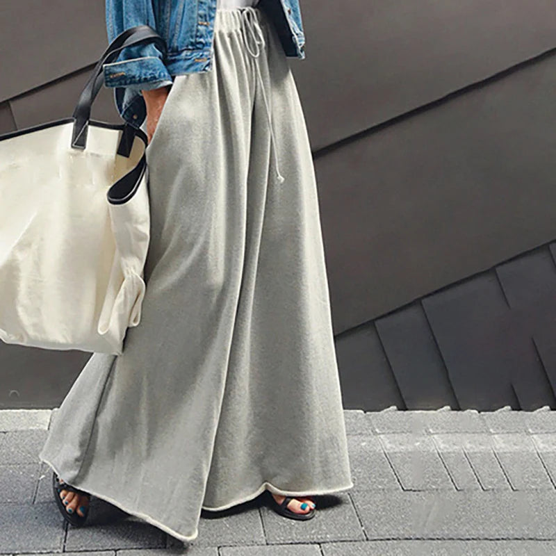 Bohohipei 2024 New Women Palazzo Pants Black Grey Color Spring Summer Fashion Casual High Waisted Wide Leg Trousers Bottoms