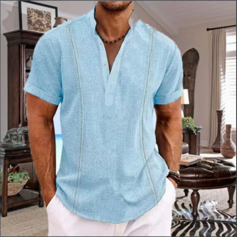 Men's Premium Cotton Linen Summer Guayabera Pullover Shirt with Stylish Henry Collar