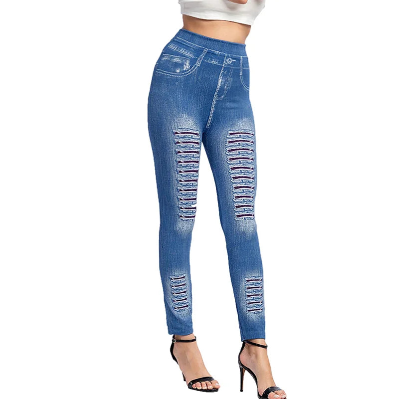 Stylish Striped Denim-Inspired Leggings with Elastic Hip Lift - Cropped Fashion Pants for Activewear