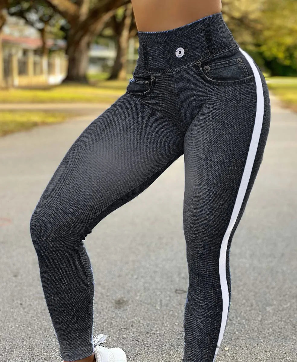 2024 Fall/Winter (XL.XXL.XXXL) Women's High-Waisted Elastic Denim-Look Leggings for Fitness and Yoga