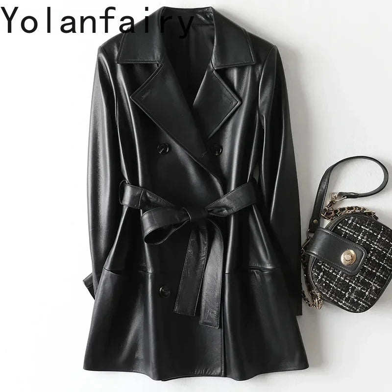 100% Genuine Leather Jackets Woman Korean Fashion Double-breasted Real Sheepskin Jacket Mid-length Elegant Leather Coat Outwear