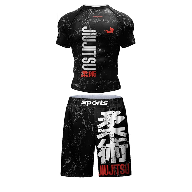 4-Piece Men's Jiu Jitsu Rashguard Set: MMA T-Shirt, Pants & Gym Shorts for Brazilian Grappling and Boxing