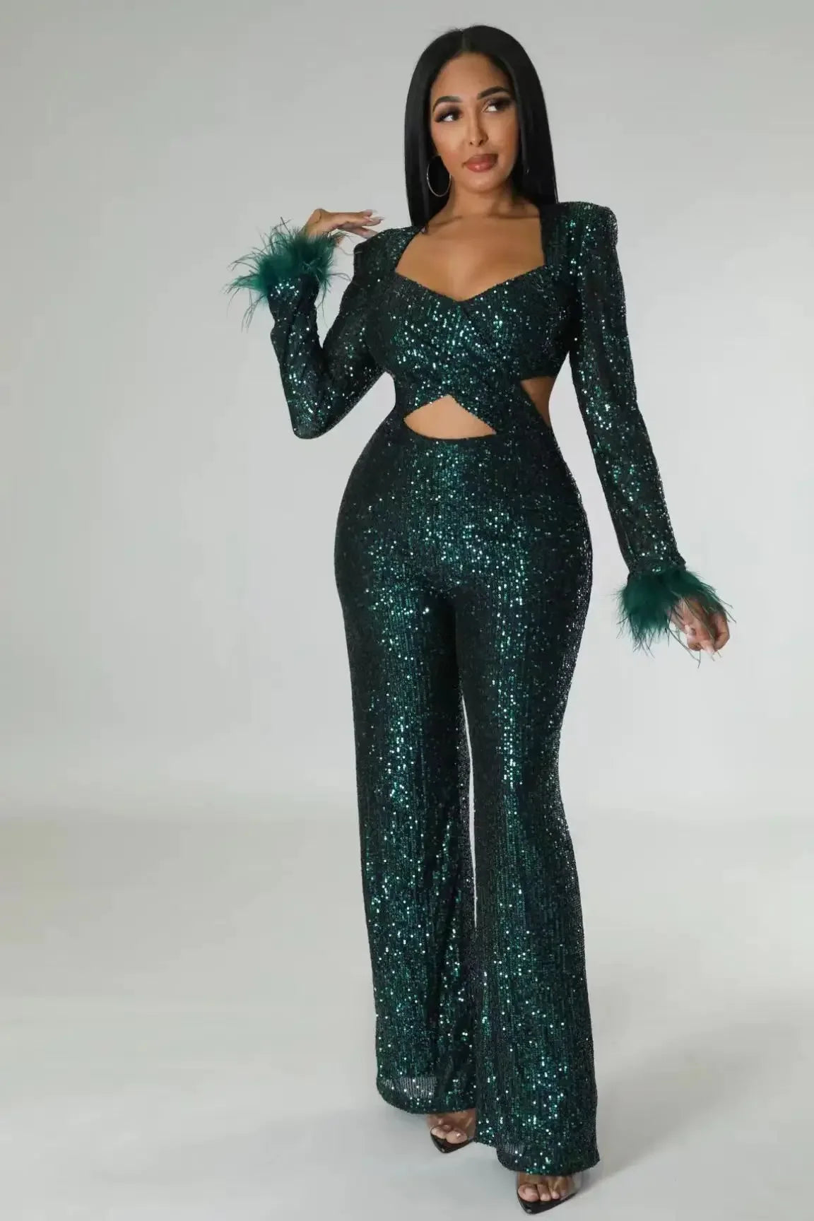 Chic Autumn V-Neck Sequin Jumpsuit with Feather Accents for Women