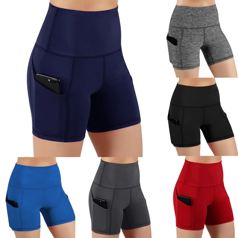 Stylish High Waist Pocketed Women's Yoga Shorts for Gym and Running Fitness