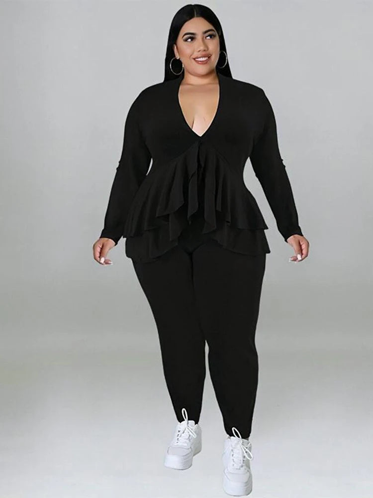 Chic Plus Size Women's Elegant Two-Piece Ruffle Blazer and Pants Suit Set for Stylish Comfort