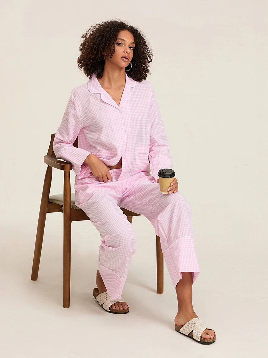 Plaid Long Sleeve Women’s Pajama Set - Stylish 2-Piece Loungewear with Button Details