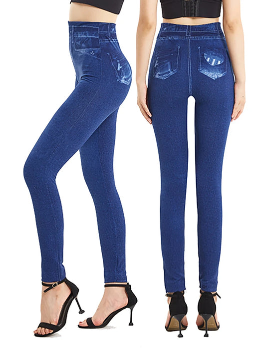 High Waist Plus Size Faux Denim Leggings for Women - Stretchy Casual Jeggings in Solid Blue