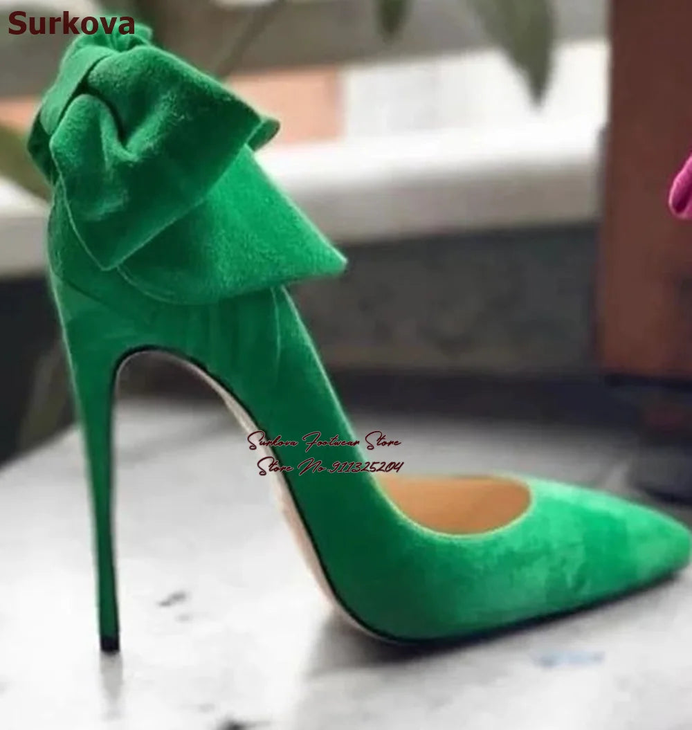 Surkova Elegant Green and Pink Suede High Heel Butterfly Pumps with Bowtie Slip-On Feature and Pointed Toe Design