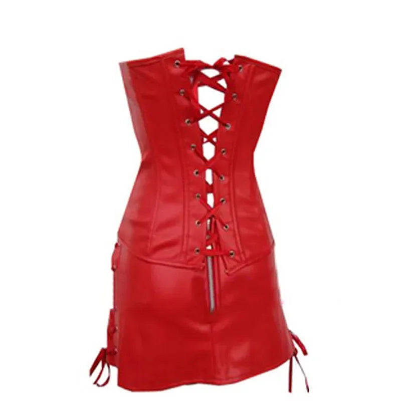 Crimson Leather Strapless Corset & Black Latex Bustier Set - Alluring Lingerie and Skirt