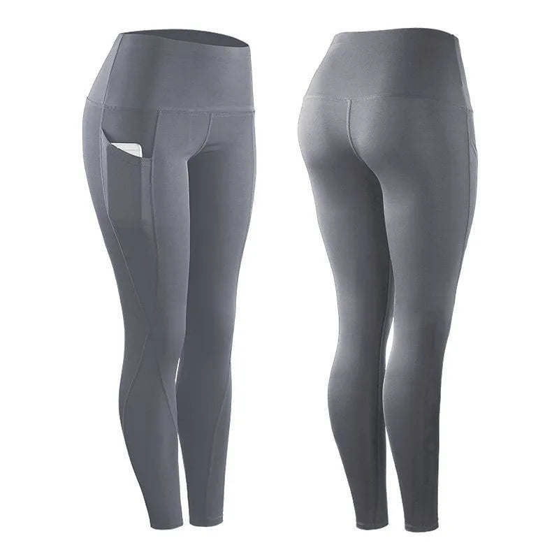 High Waisted Polyester Yoga Leggings with Pockets - Women's Fitness Trousers for Gym and Casual Wear