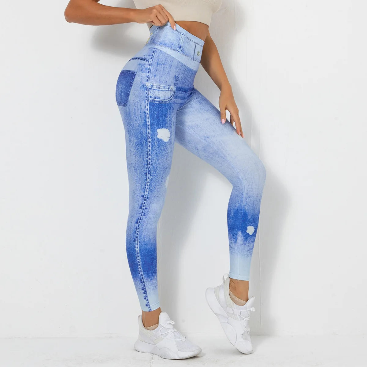 High Waist Scrunch Yoga Leggings for Women - Denim-Look Push Up Fitness Tights