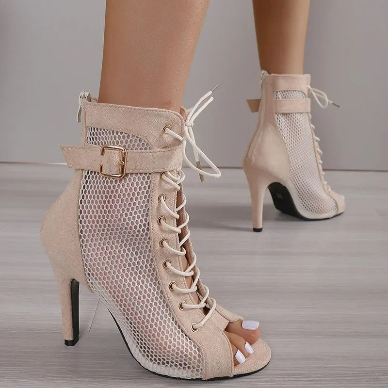 Beige Lace-Up Stiletto Sandals with Hollowed Mesh and Belt Buckle for Women's Summer Dance Parties