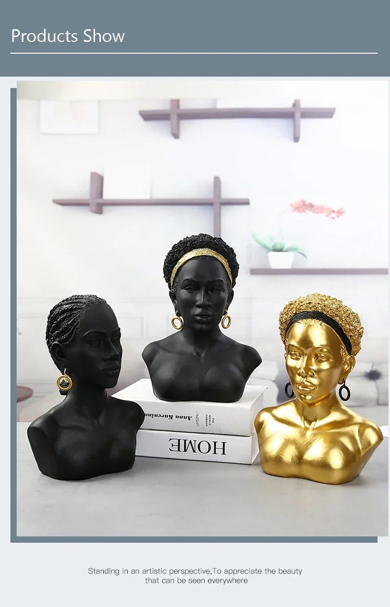 Resin African Black Woman Bust Statue American Figurines Sculpture Home Decor Living Room Shelf Display Cabinet Desk Decoration