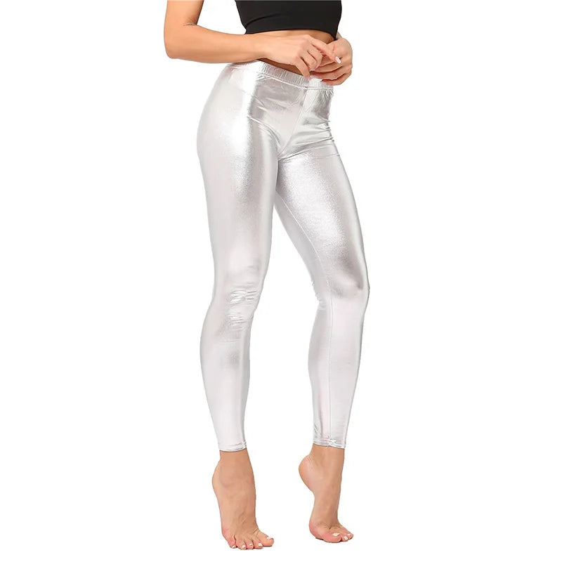 Glamorous Stretchy Fitness Leggings for Women - Shiny Clubwear Trousers in Silver, Black, Gold, and Red - Elastic Skinny Sport Fashion Pants