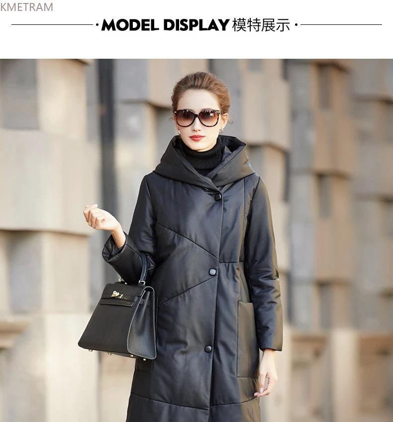 Genuine Sheepskin Leather Jacket Women Mid-length Hooded Down Coats 2024 Autumn Winter Real Black Leather Coat Jaqueta Feminina