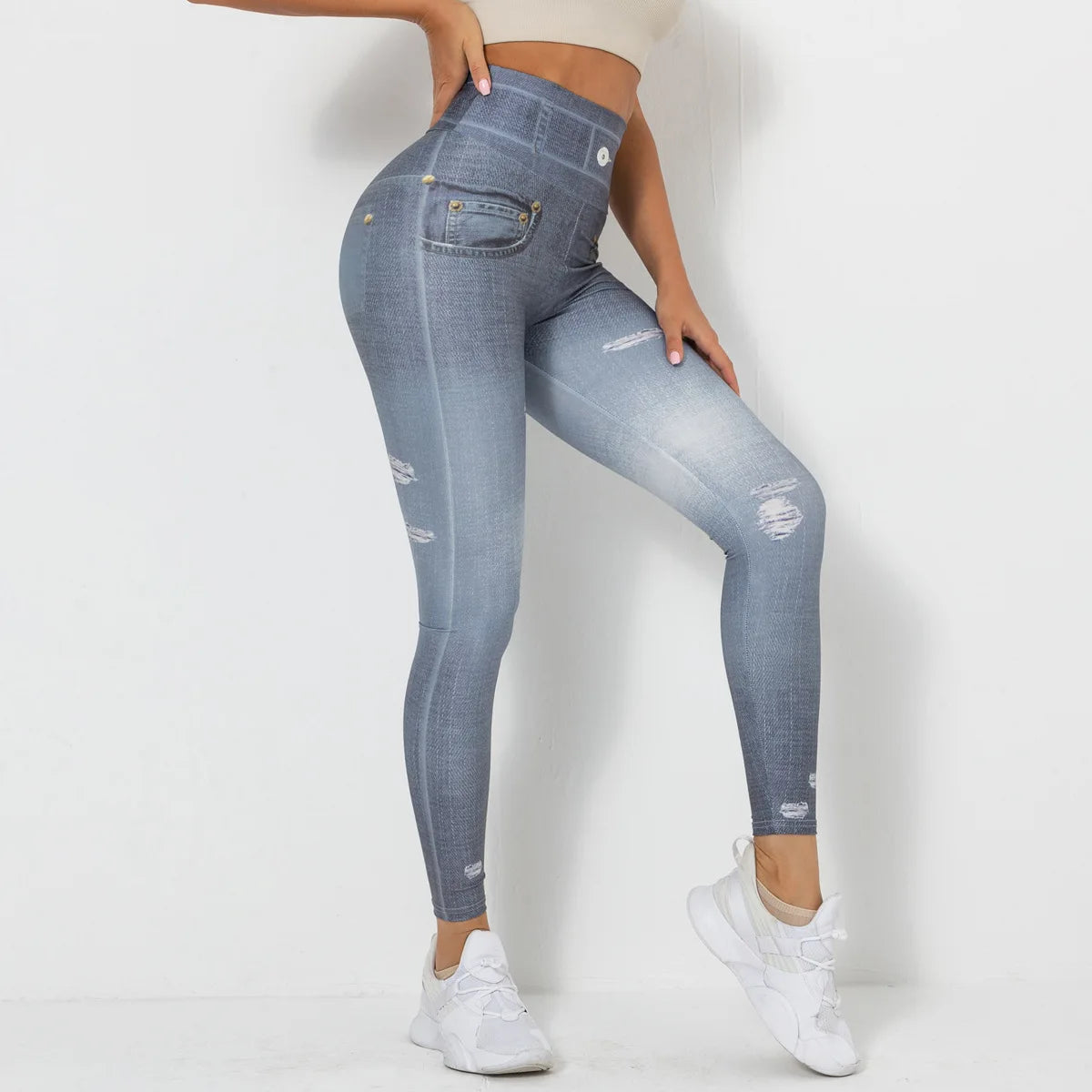 High Waist Scrunch Yoga Leggings for Women - Denim-Look Push Up Fitness Tights