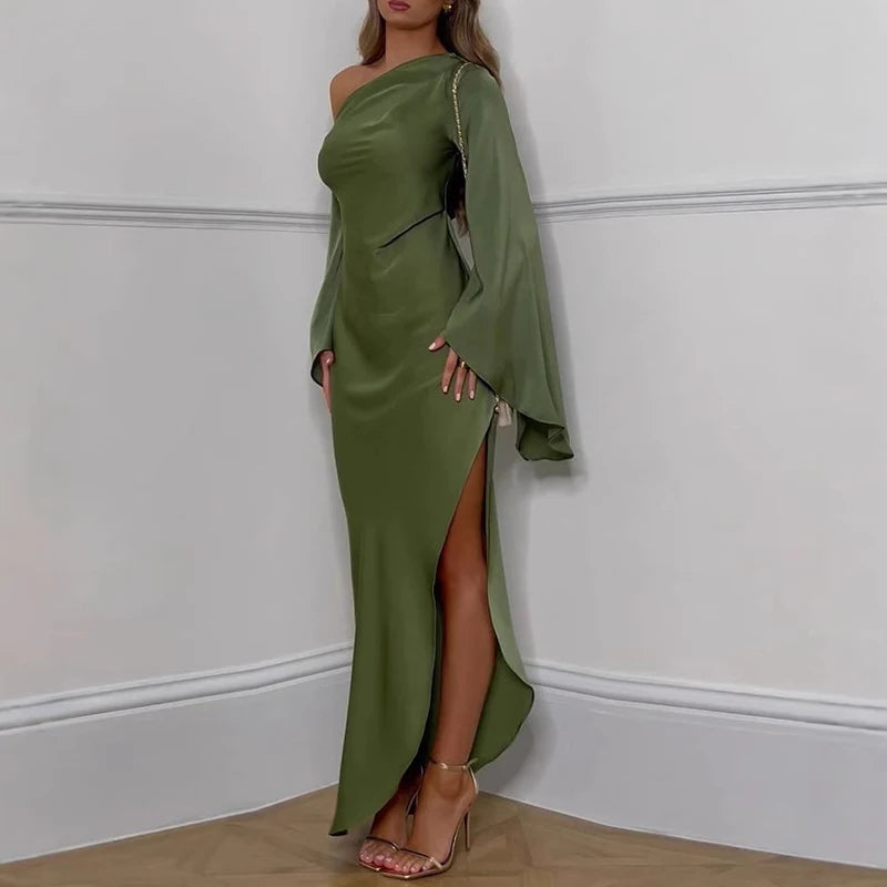 Chic Asymmetrical Off-Shoulder Backless Midi Dress for Women with Flare Sleeves and Side Slit - Elegant Autumn Party Wear