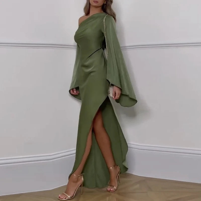 Chic Asymmetrical Off-Shoulder Backless Midi Dress for Women with Flare Sleeves and Side Slit - Elegant Autumn Party Wear