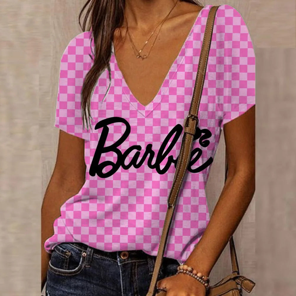 Vibrant Barbie Princess V-neck T-shirt for Women - Chic Summer Casual Style