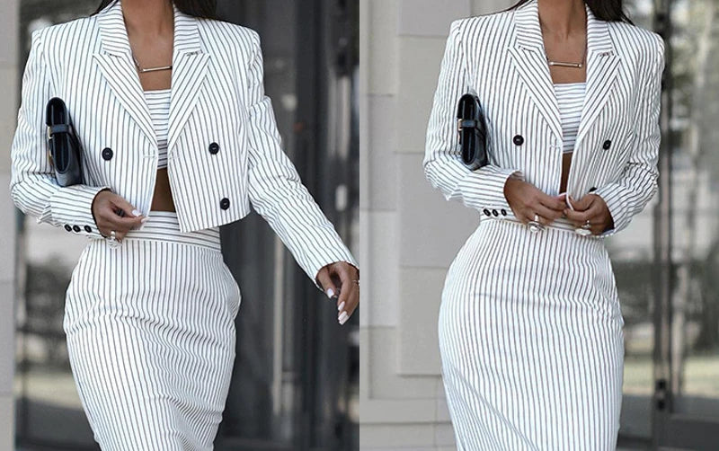 Chic Striped Blazer and High-Waisted Slim Skirt Set for Women