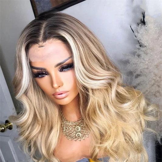 Ash Blonde Ombre Lace Front Wig with Natural Waves and Brown Roots - Pre-Plucked Human Hair