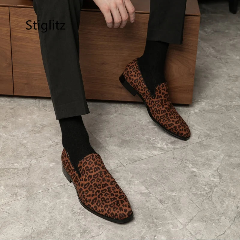 Leopard Print Casual Slip-On Loafers for Men - Breathable Genuine Leather Dress Shoes for Office and Driving in Spring and Autumn