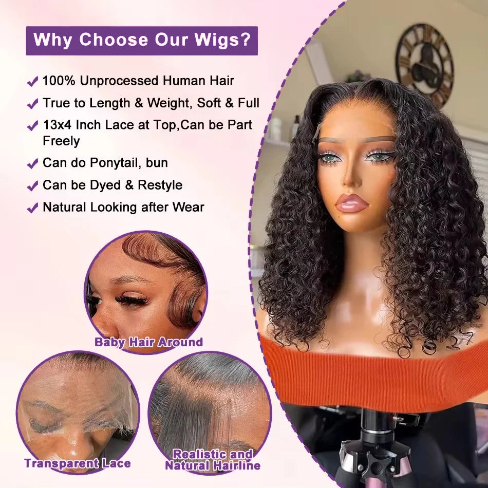 200% Transparent Deep Wave Curly Bob Wigs with 13x4 Lace Frontal and 4x4 Lace Closure for Women