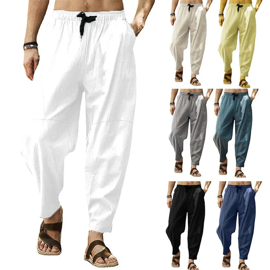 Men's Cotton Linen Baggy Harem Joggers with Elastic Waist - Trendy Streetwear Pants 2023