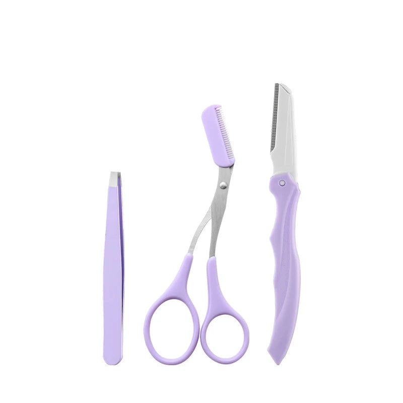 Fashionable Purple Eyebrow Grooming Kit: Foldable Trimmer, Comb, Scissors & Precision Tweezers - 2023 Collection