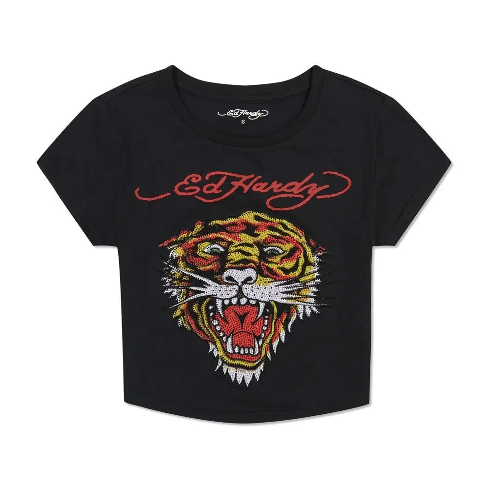 Y2K Vintage Tiger Graphic T-Shirt for Women - Short Sleeve Round Neck Gothic High Streetwear Top with Hot Diamond Design 2024