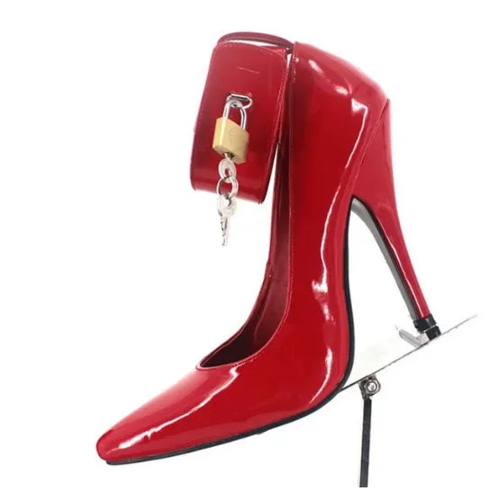 FHC 12CM Customizable Fetish High Heels with Lock and Key, Stylish Ankle Strap Pumps for Women, Available in Sizes 45 and 46