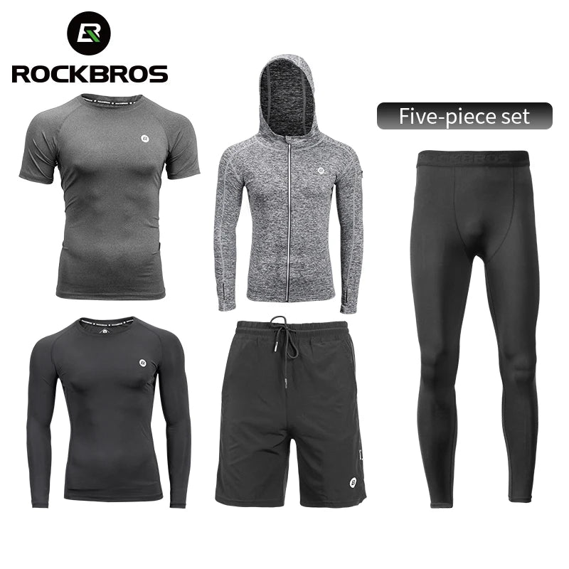 ROCKBROS Men's 5-Piece Tracksuit Set for Gym, Running & Fitness - Quick Drying Compression Sportswear