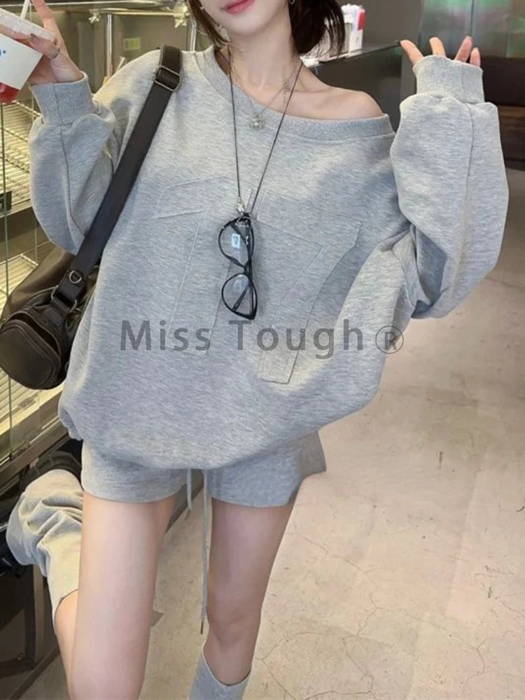 Korean Fashion Gray Sport Style 2 Piece Set Loose Pullovers + Short Pant Women Autumn High Waist Slim Casual Sweatshirt New 2024