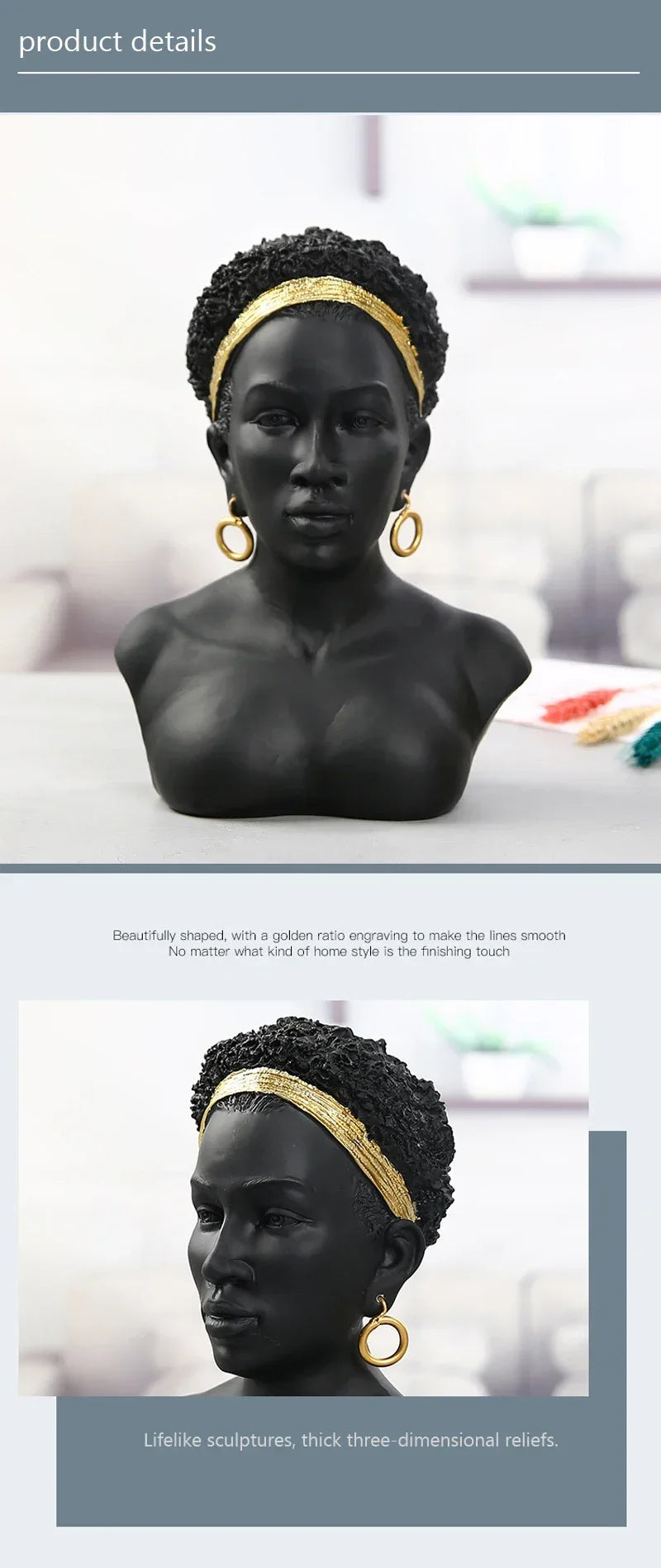 Resin African Black Woman Bust Statue American Figurines Sculpture Home Decor Living Room Shelf Display Cabinet Desk Decoration