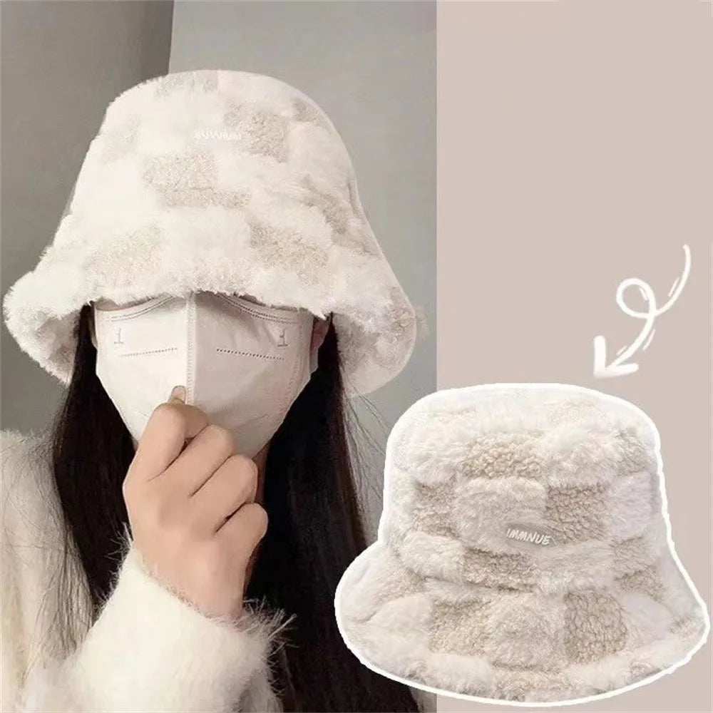 Cozy Korean Plaid Bucket Hat for Women - Plush Faux Fur Wide Brim Fisherman Cap for Outdoor Winter Adventures