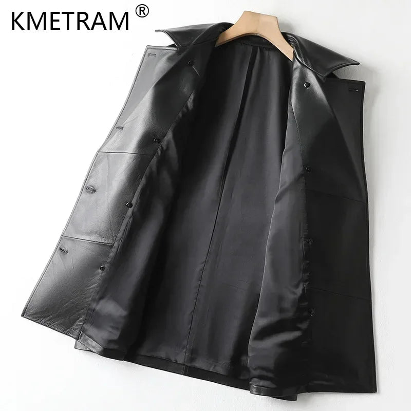 100% Genuine Leather Jackets Woman Korean Fashion Double-breasted Real Sheepskin Jacket Mid-length Elegant Leather Coat Outwear