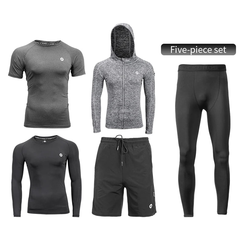 ROCKBROS Men's 5-Piece Tracksuit Set for Gym, Running & Fitness - Quick Drying Compression Sportswear