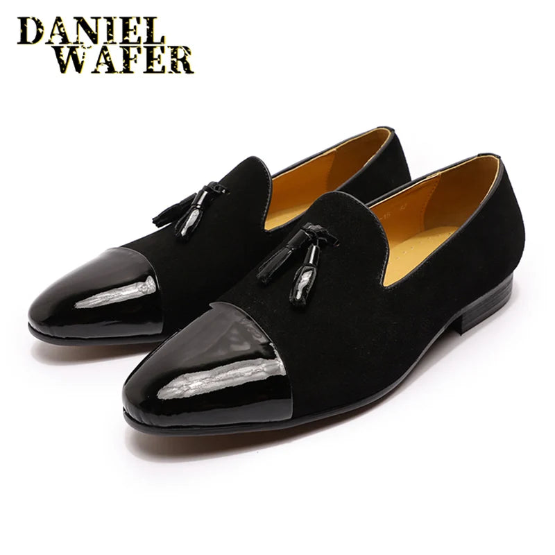 Stylish Men's Suede and Patent Leather Tassel Loafers - Perfect for Office and Weddings in Black & Brown