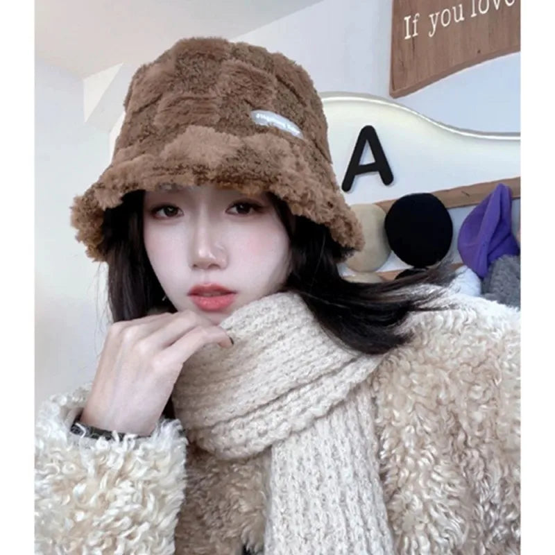 Cozy Korean Plaid Bucket Hat for Women - Plush Faux Fur Wide Brim Fisherman Cap for Outdoor Winter Adventures